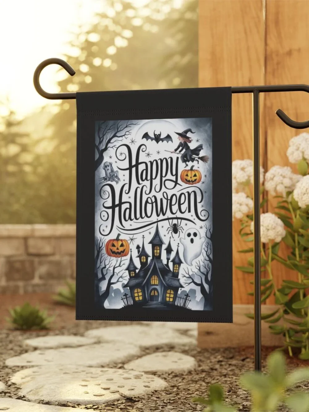 Happy Halloween Garden Flag with Witch and Haunted House